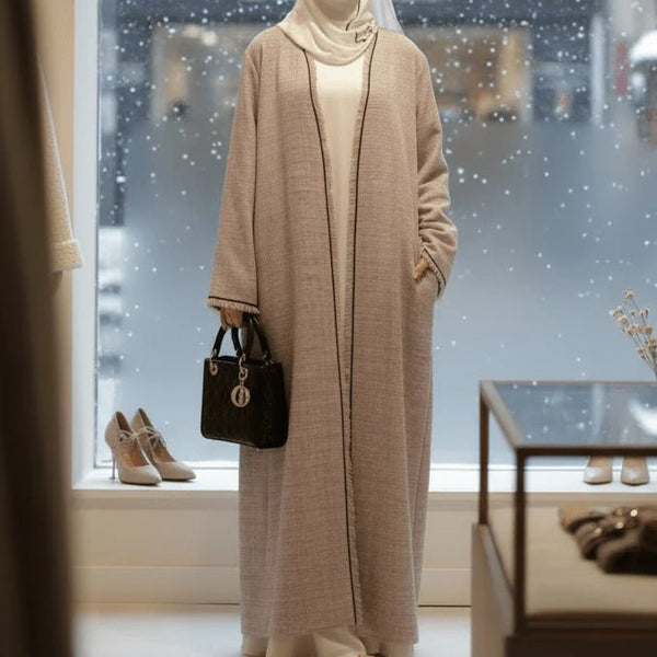 Plaid Tweed Open Abaya Coat with Fringe Details (MOA104) - Mariam's Collection