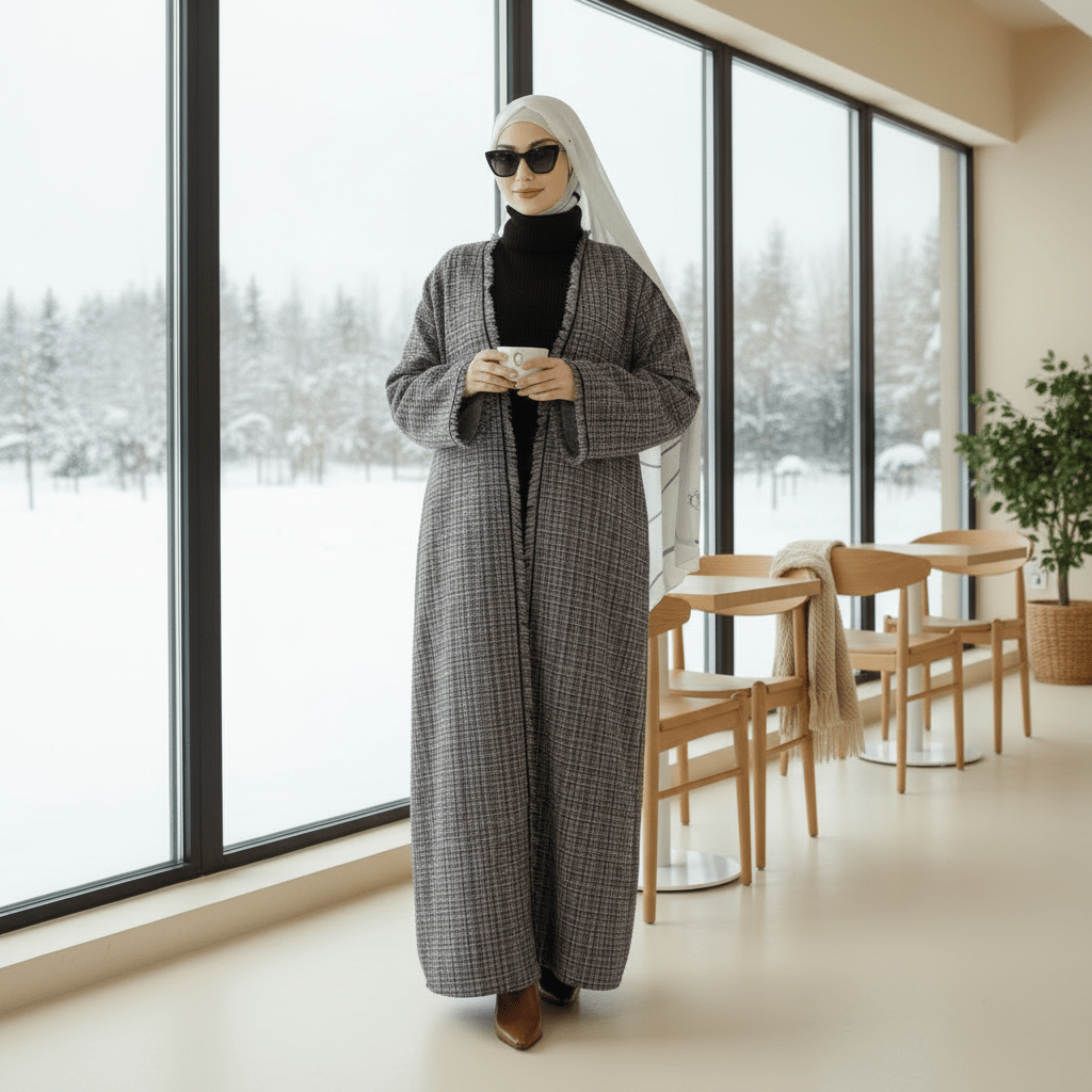 Plaid Tweed Open Abaya Coat with Fringe Details (MOA104) - Mariam's Collection