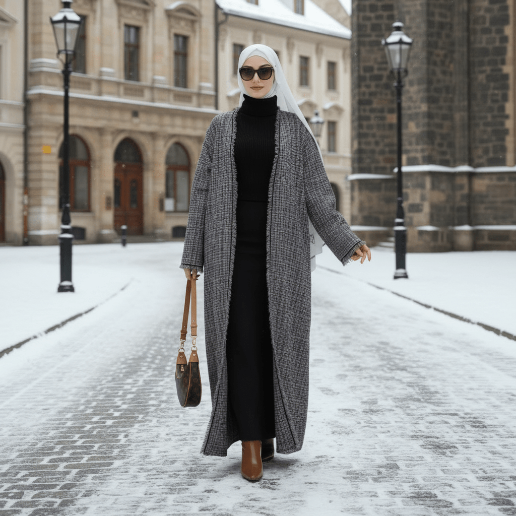 Plaid Tweed Open Abaya Coat with Fringe Details (MOA104) - Mariam's Collection