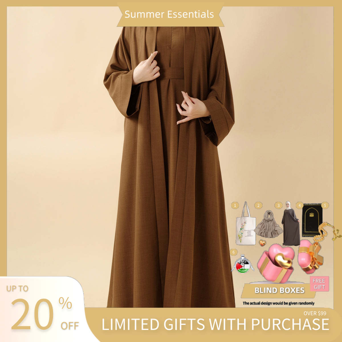 Plain Linen Abaya 3 - Piece Set (MOA016) - Mariam's Collection
