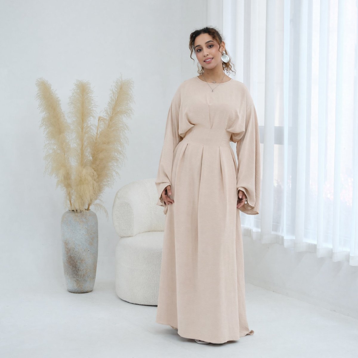 Pleated Batwing Sleeve Maxi Dress – Crinkle Crepe Abaya
