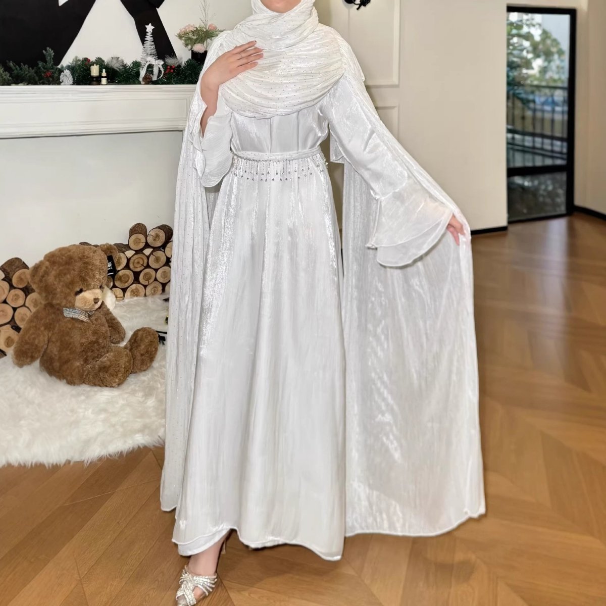 Pleated Cape Sleeve Abaya – Rhinestone Silk Maxi Abaya