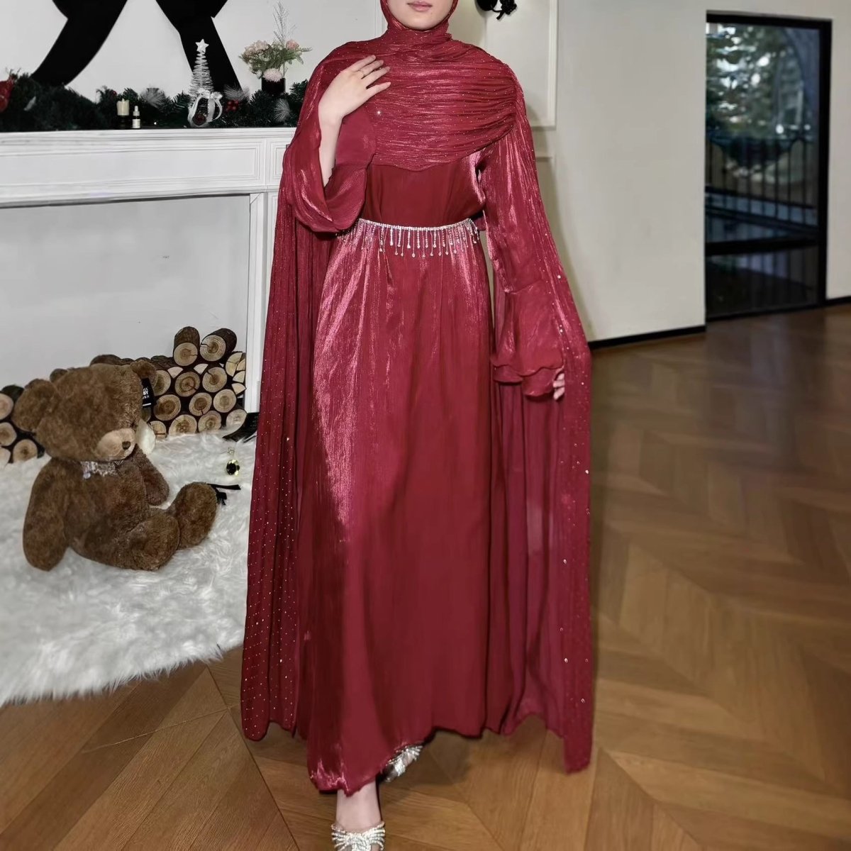 Pleated Cape Sleeve Abaya – Rhinestone Silk Maxi Abaya