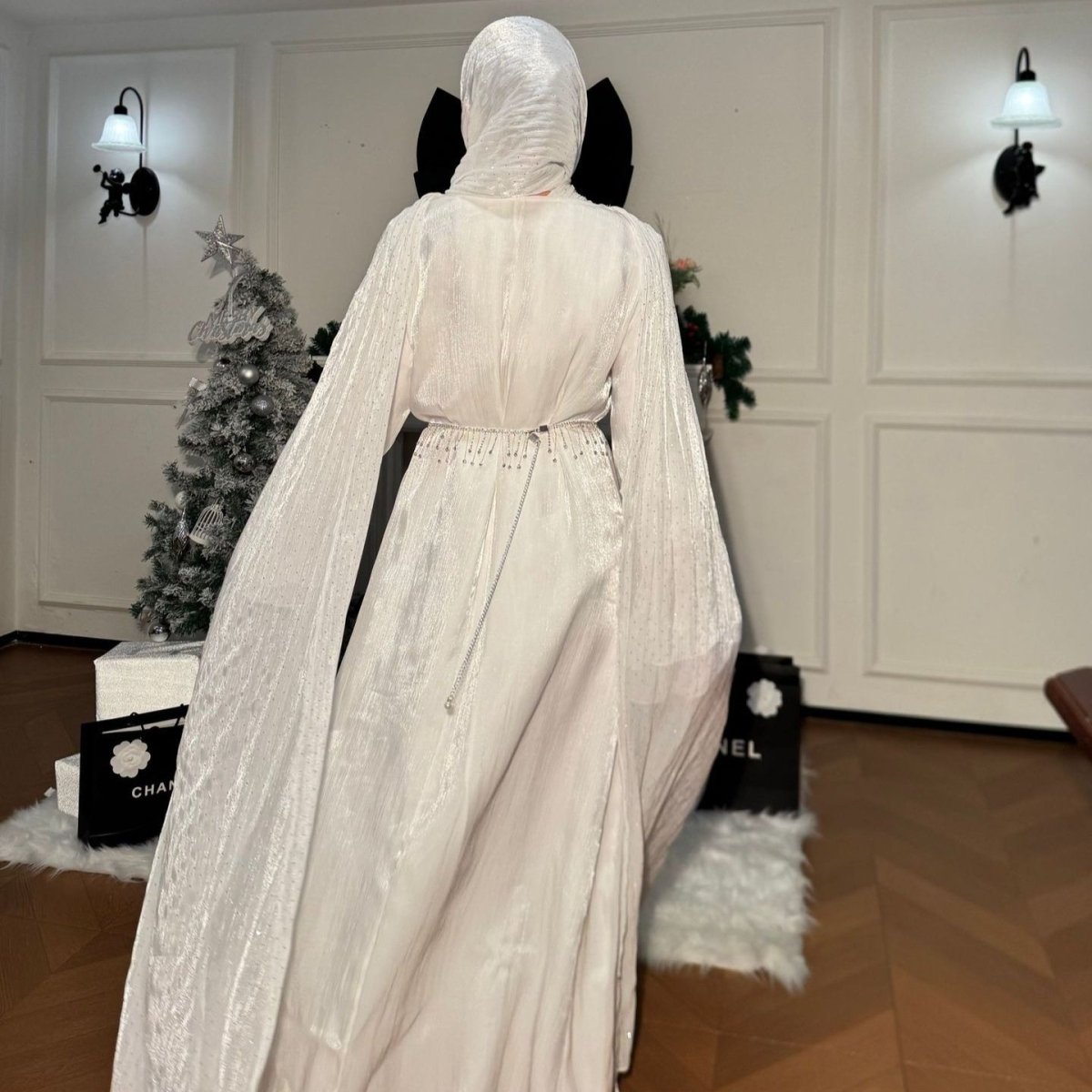 Full-length back view of cape maxi abaya in fourth colourway