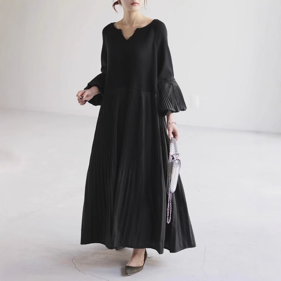 Pleated Knit Maxi Dress | Bubble Sleeve Mixed Media Sweater Dress(MS228) - Mariam's Collection