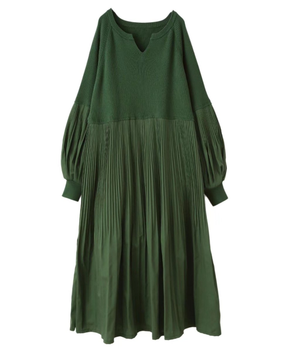 Pleated Knit Maxi Dress | Bubble Sleeve Mixed Media Sweater Dress(MS228) - Mariam's Collection