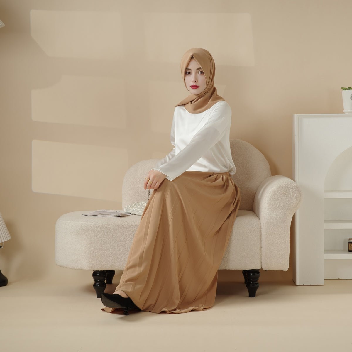 Pleated Overskirt, Wide - Cut Pants & Matching Hijab Set (MS025) - Mariam's Collection