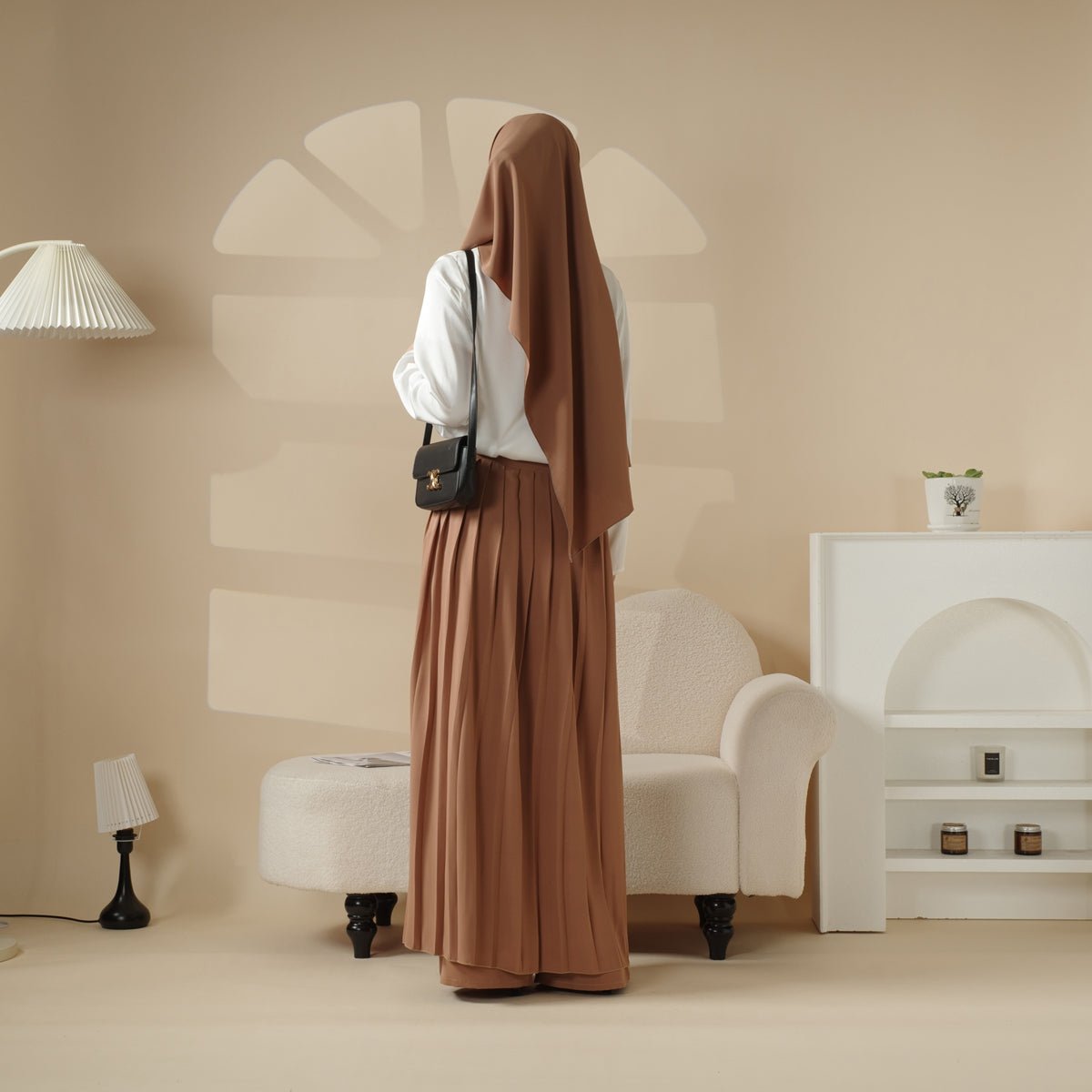 Pleated Overskirt, Wide - Cut Pants & Matching Hijab Set (MS025) - Mariam's Collection