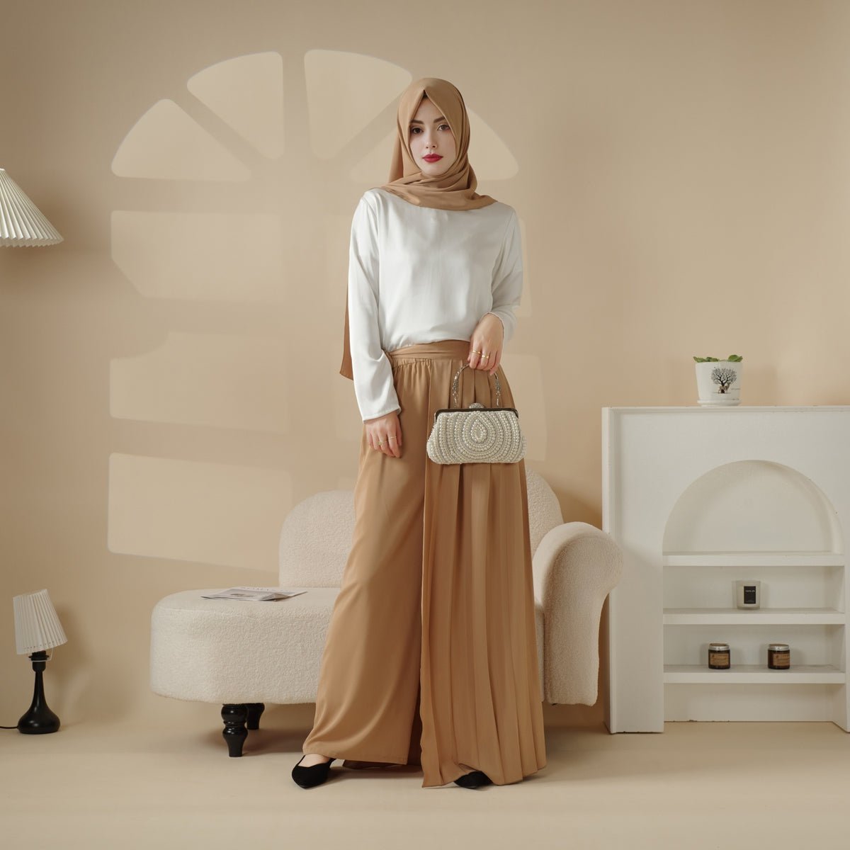 Pleated Overskirt, Wide - Cut Pants & Matching Hijab Set (MS025) - Mariam's Collection