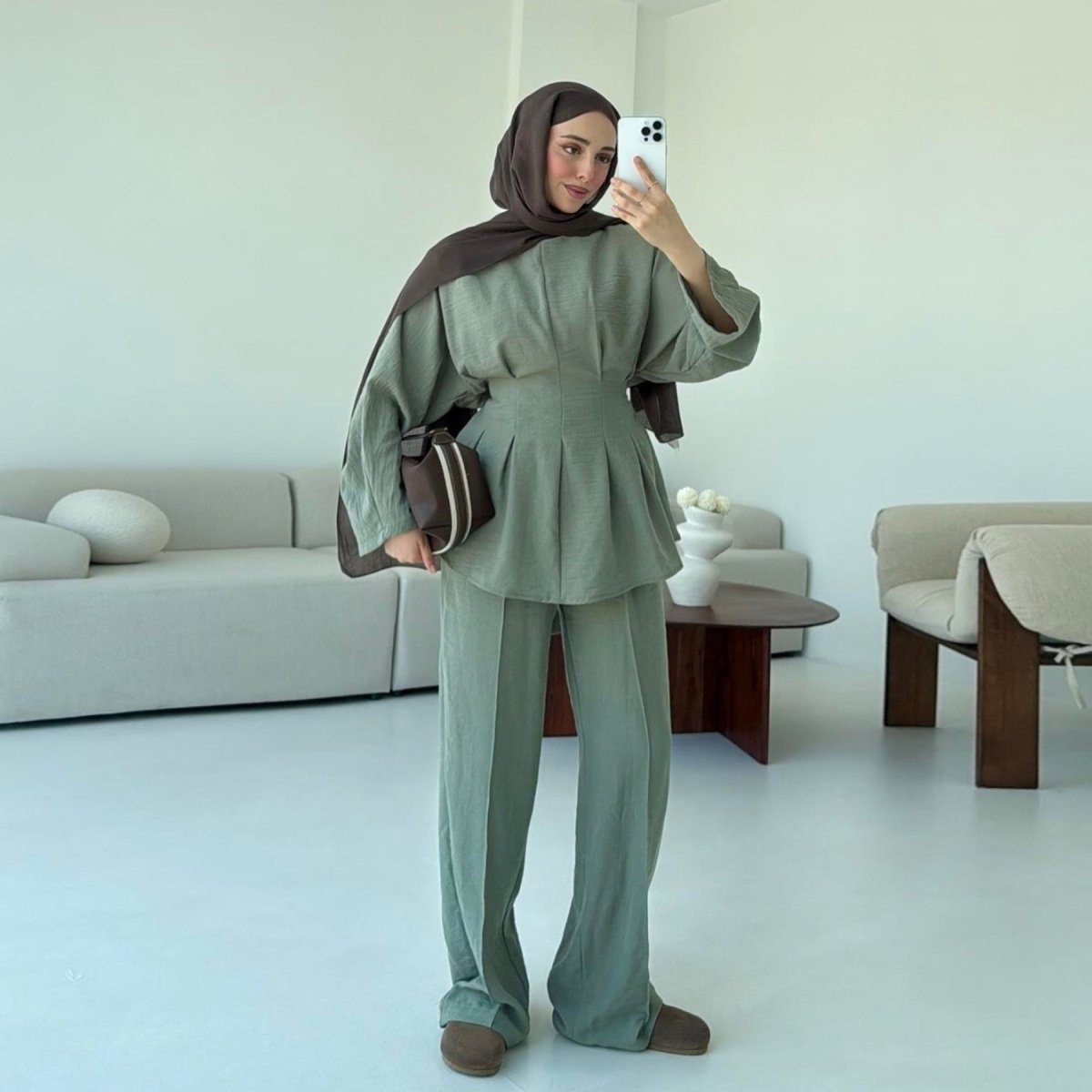 Pleated Peplum Top & Wide Leg Pants Set(MS185) - Mariam's Collection