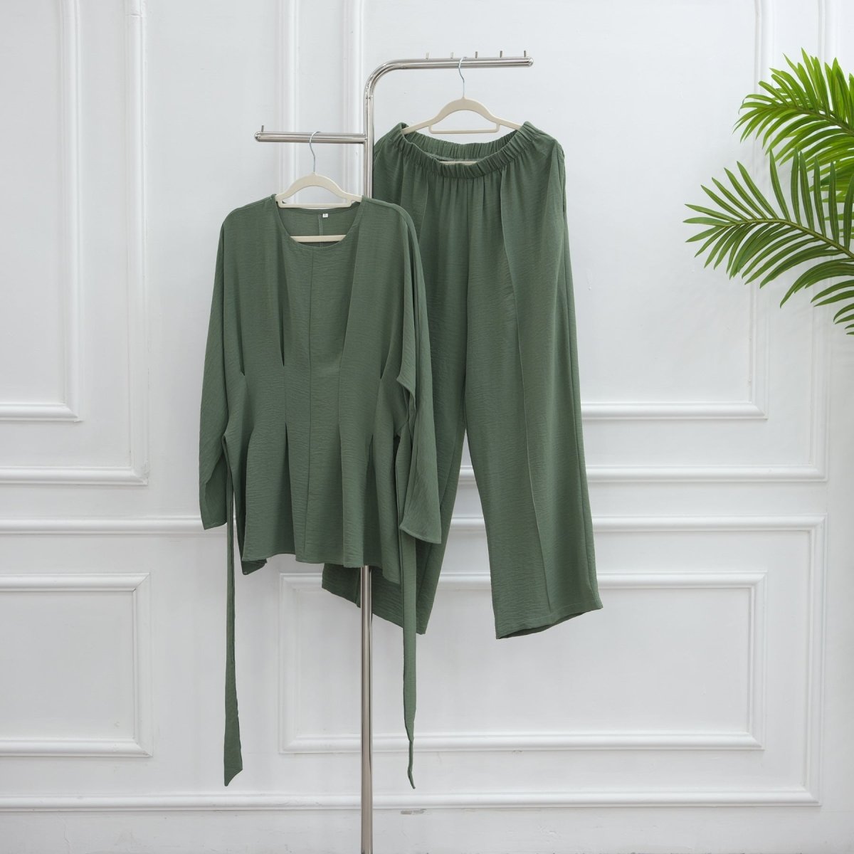 Pleated Peplum Top & Wide Leg Pants Set(MS185) - Mariam's Collection