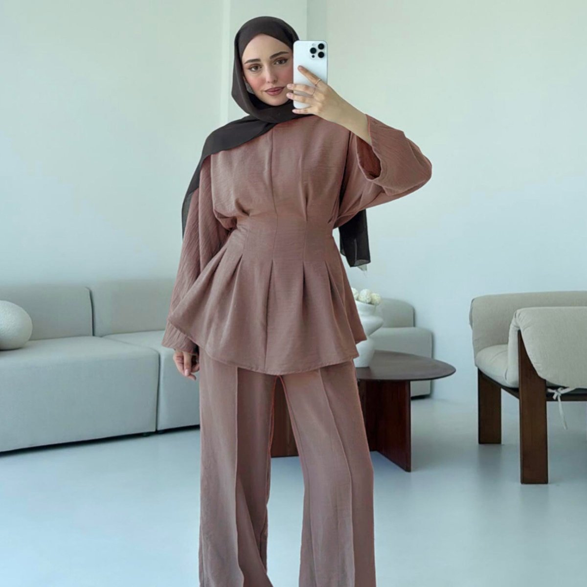 Pleated Peplum Top & Wide Leg Pants Set(MS185) - Mariam's Collection