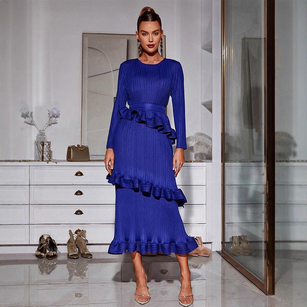 Pleated Tiered Ruffle Midi Dress – Royal Blue Party Dress