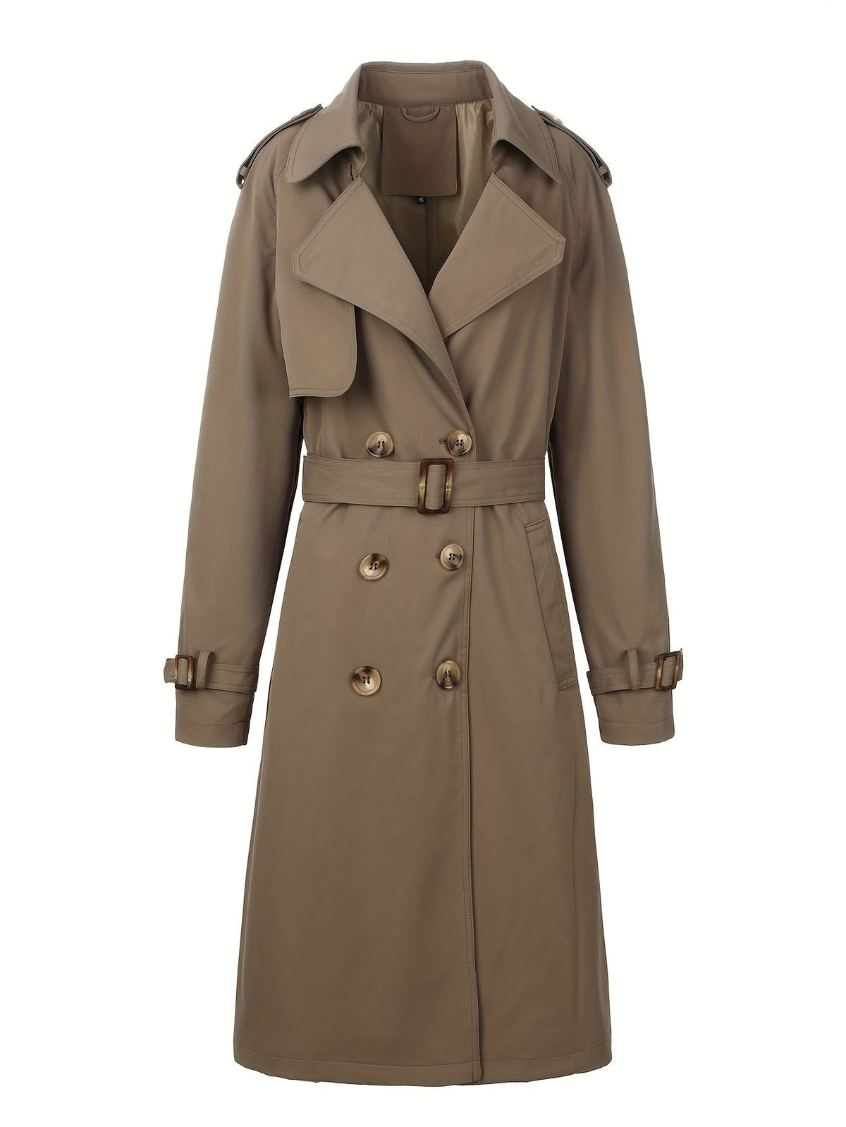 Side profile of the belted longline trench coat