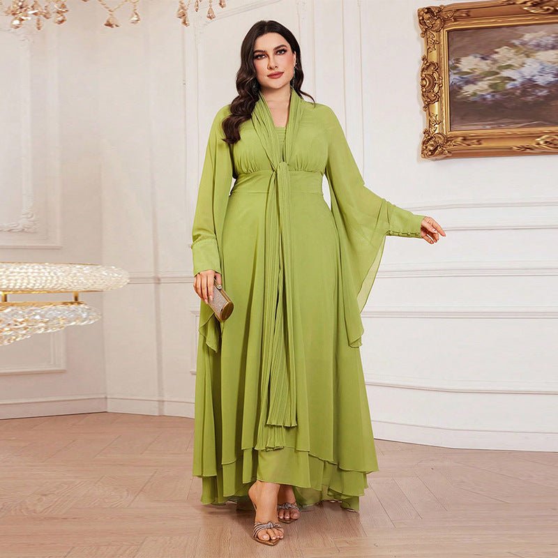 Plus Size Pleated Tie-Neck Maxi Dress – Chiffon Ruffle Maxi Dress