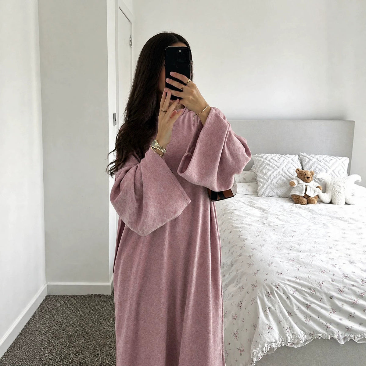 Plus-Size Relaxed Abaya | Solid Long-Sleeve Autumn Dress with Pockets(MA474) - Mariam's Collection