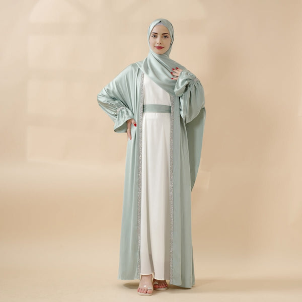 Poet Sleeve Satin Open Abaya With Matching Belt and Hijab (MOA009) - Mariam's Collection