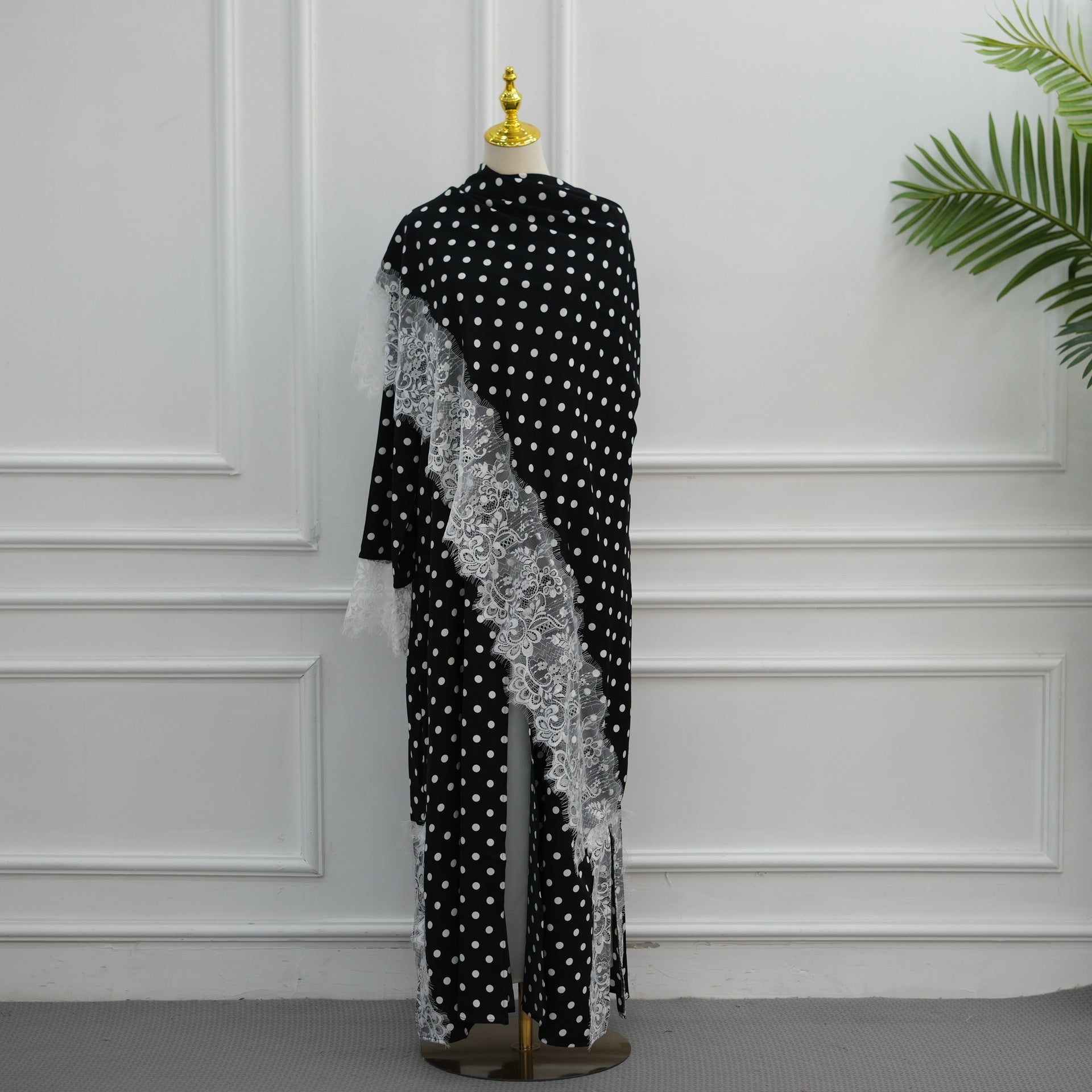 Polka Dot Lace-Trim Open Abaya & Matching Hijab Set(MOA343) - Mariam's Collection