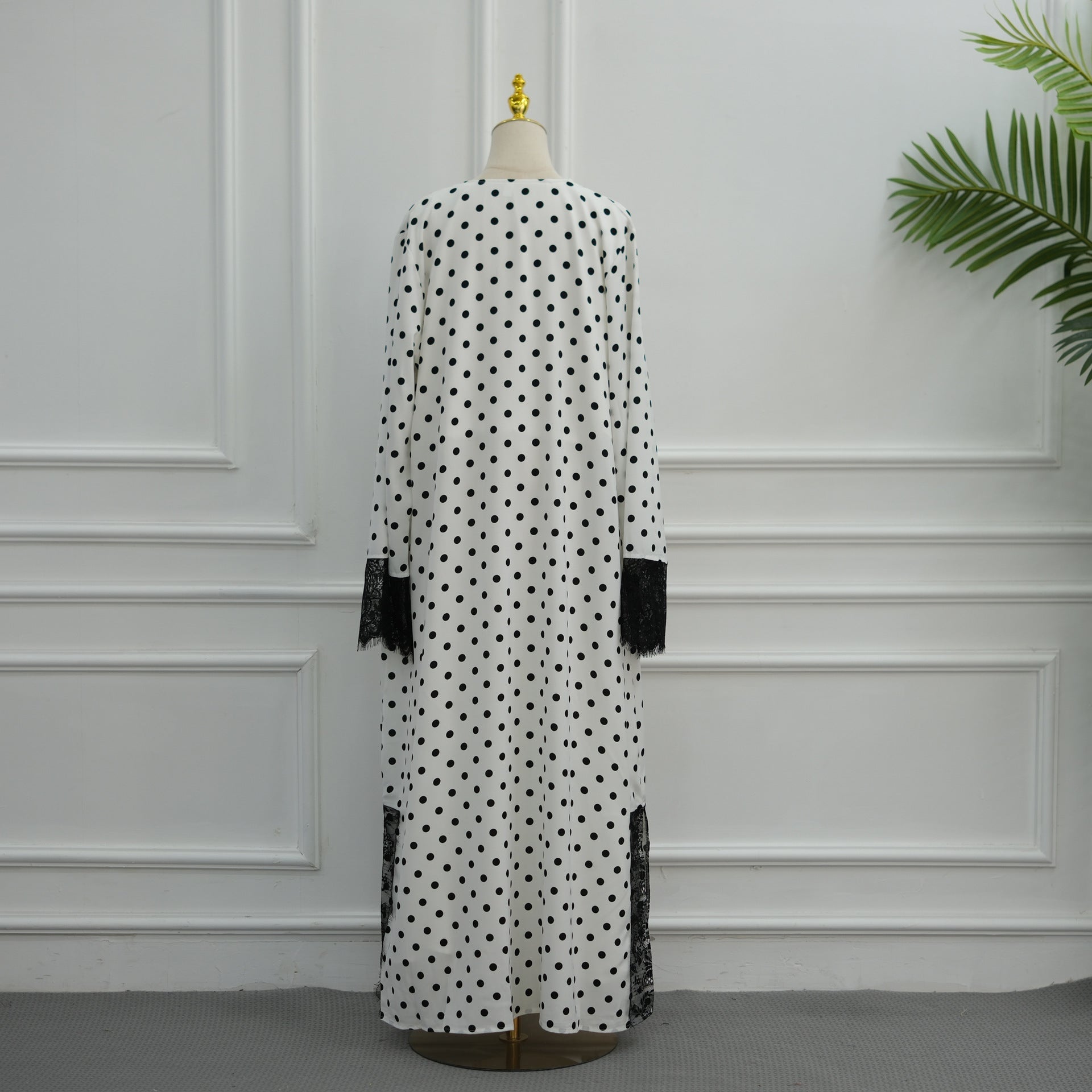 Polka Dot Lace-Trim Open Abaya & Matching Hijab Set(MOA343) - Mariam's Collection