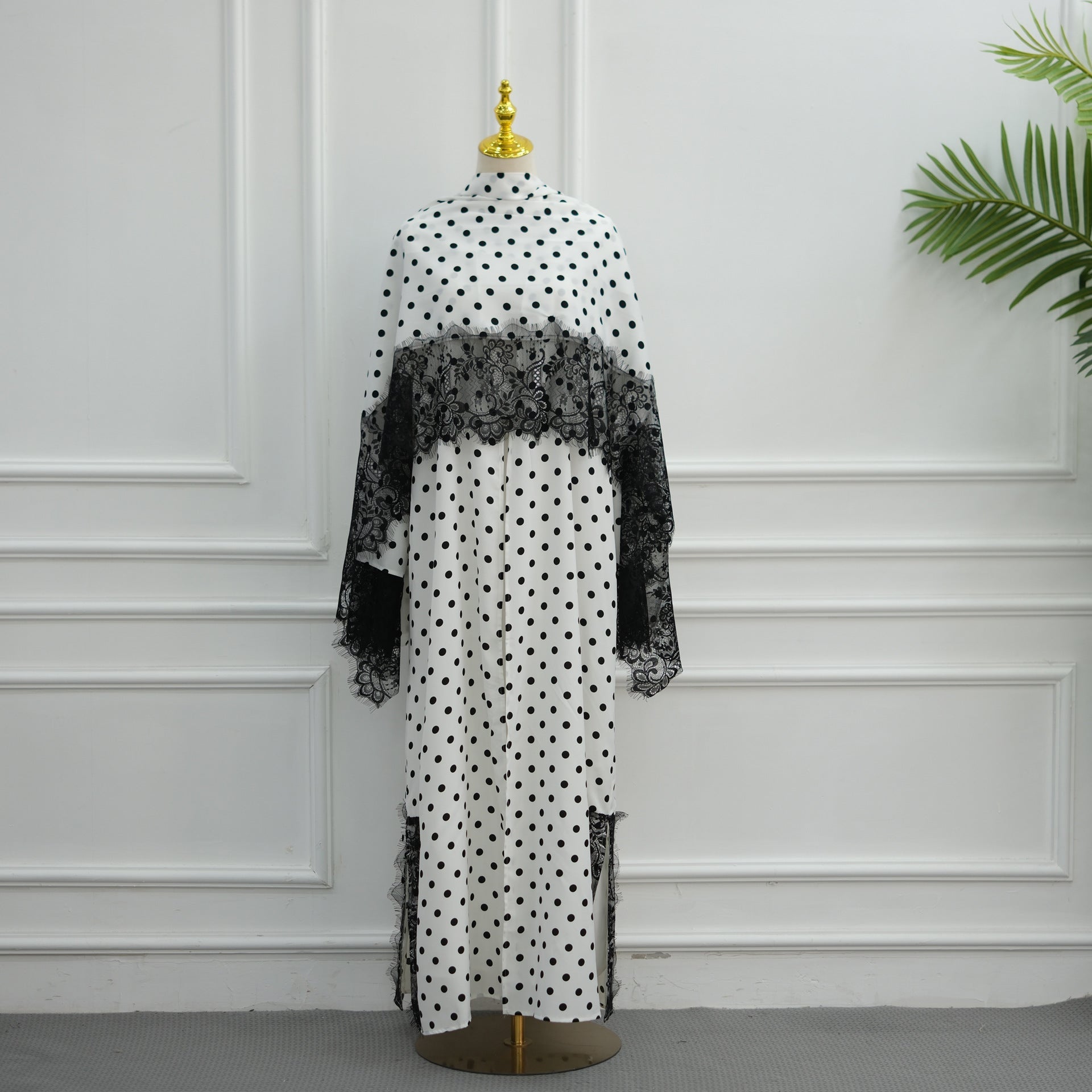 Polka Dot Lace-Trim Open Abaya & Matching Hijab Set(MOA343) - Mariam's Collection