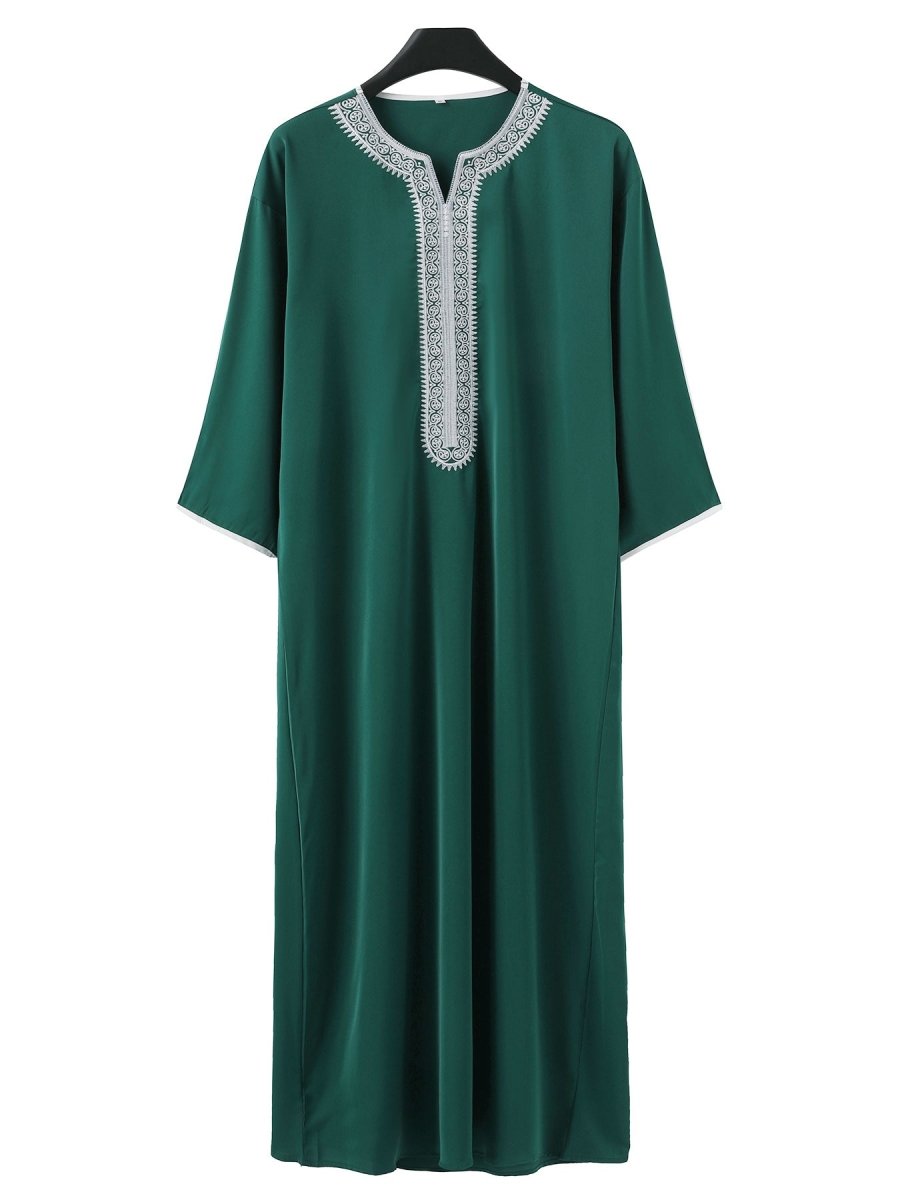 Premium Embroidered Men's Thobe Luxury Loose Fit V - Neck Muslim Robe with Handcrafted White Embroidery. (MT025) - Mariam's Collection