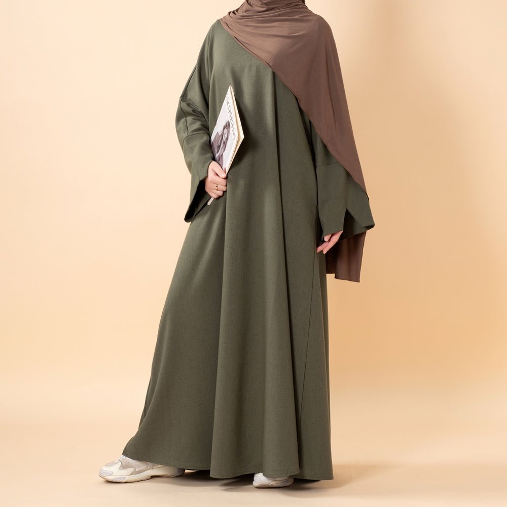 Premium Linen Effect Pullover Abaya with Pockets (MA341) - Mariam's Collection