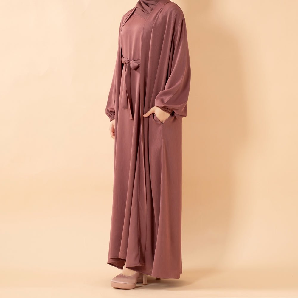 Premium Nida Zoom Open Abaya Set | 3 - Piece Textured Abaya with Pockets and Belt (MOA239) - Mariam's Collection