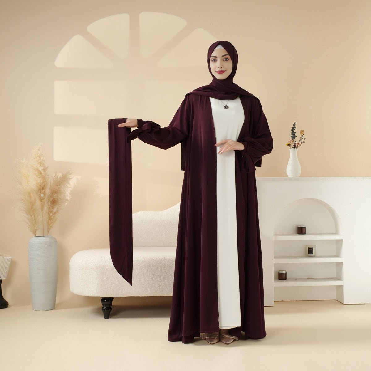 Premium Ribbon 4 - Piece Set Open Abaya (MOA105) - Mariam's Collection