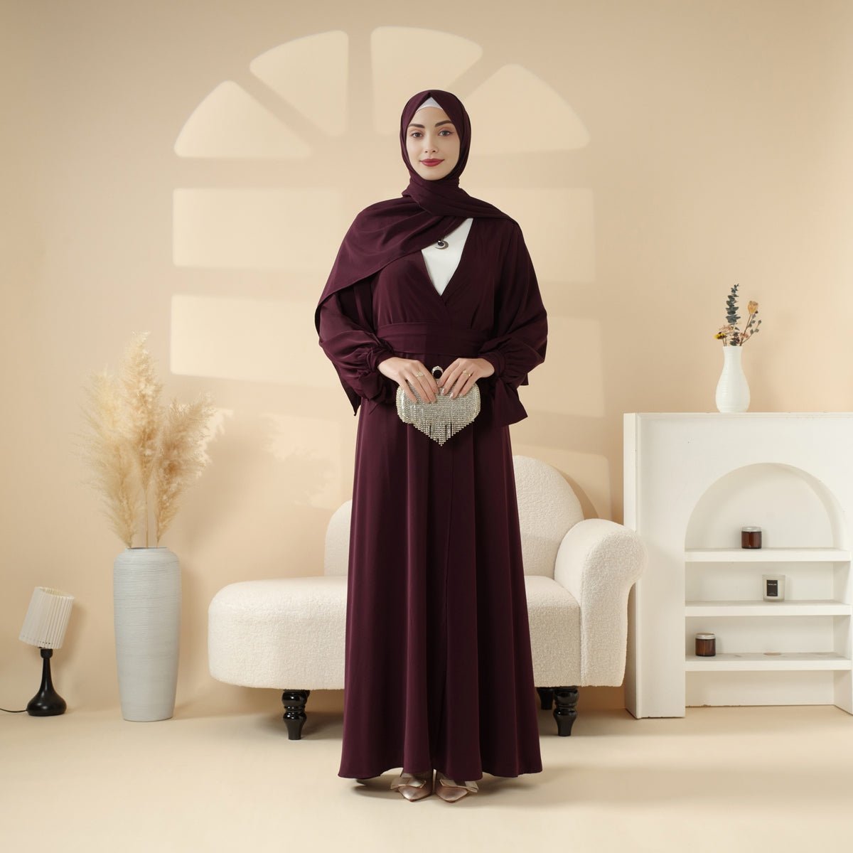 Premium Ribbon 4 - Piece Set Open Abaya (MOA105) - Mariam's Collection