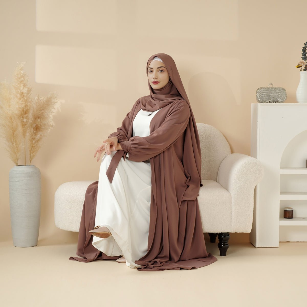 Premium Ribbon 4 - Piece Set Open Abaya (MOA105) - Mariam's Collection