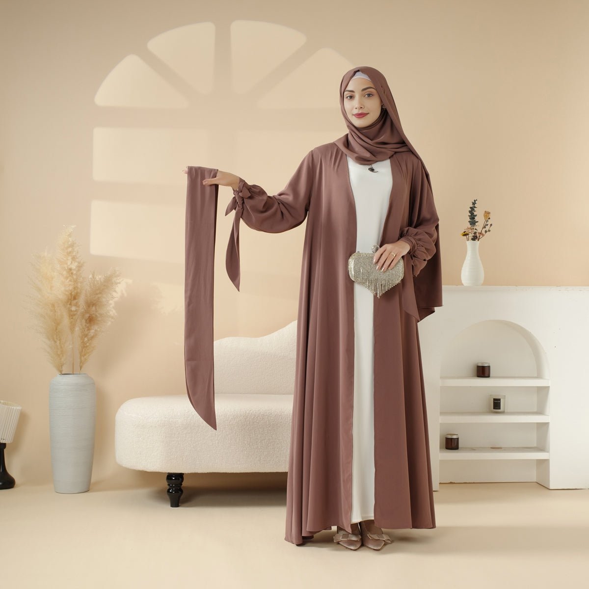 Premium Ribbon 4 - Piece Set Open Abaya (MOA105) - Mariam's Collection