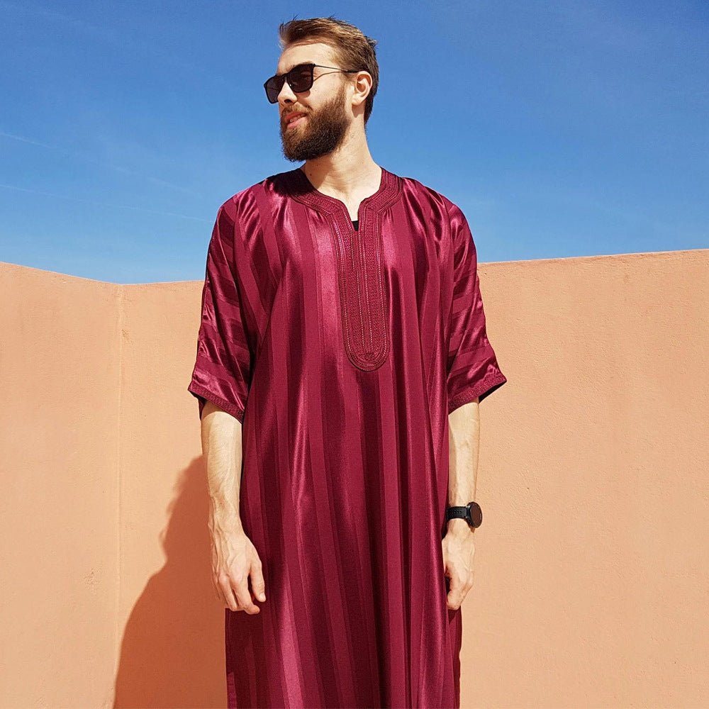Premium Striped Embroidered Men's Thobe | Luxury Medium - Sleeve Muslim Robe. (MT026) - Mariam's Collection