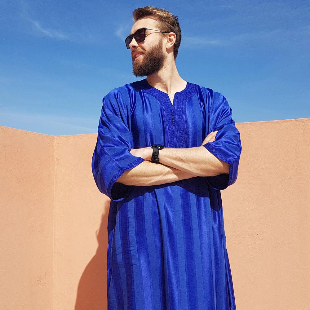 Premium Striped Embroidered Men's Thobe | Luxury Medium - Sleeve Muslim Robe. (MT026) - Mariam's Collection