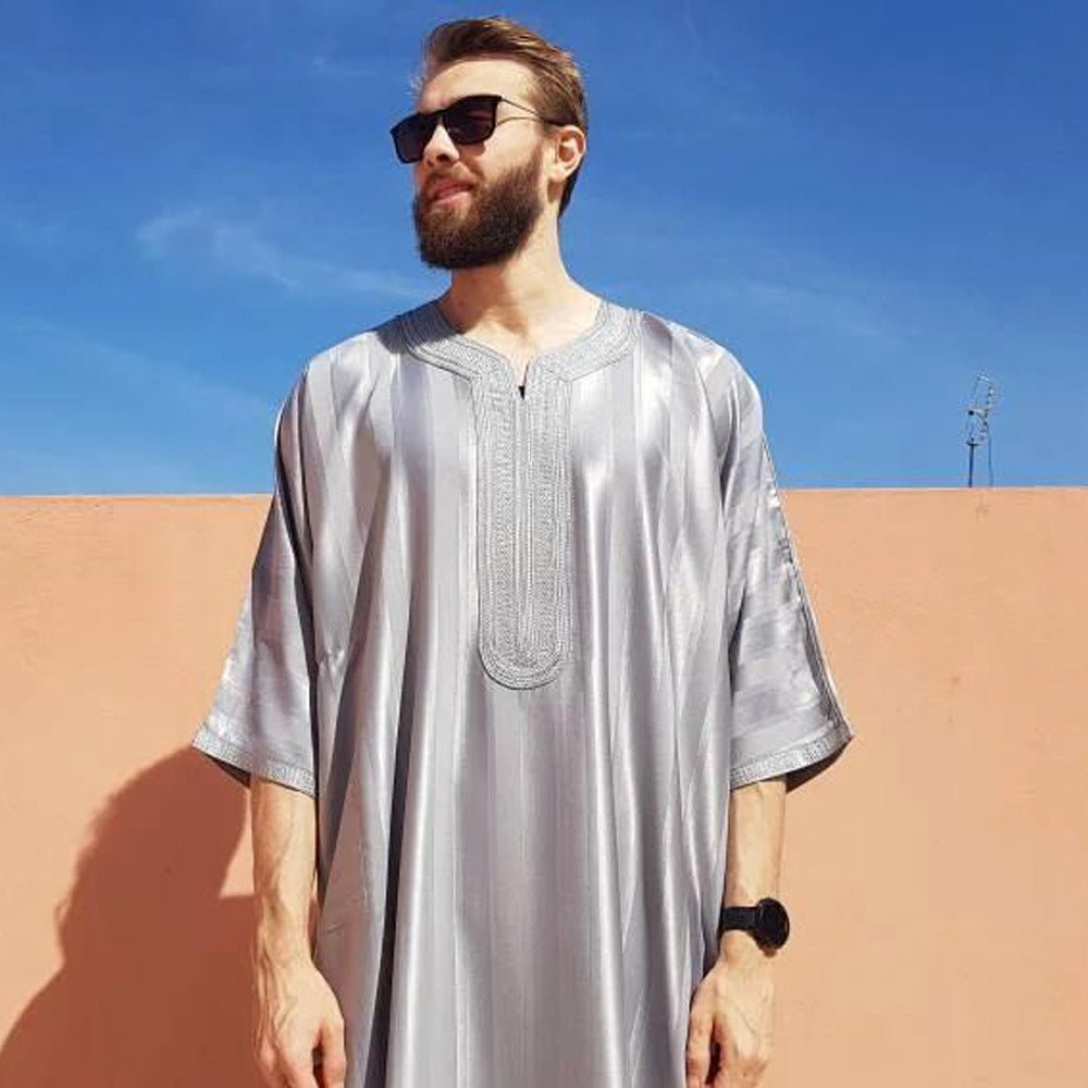 Premium Striped Embroidered Men's Thobe | Luxury Medium - Sleeve Muslim Robe. (MT026) - Mariam's Collection