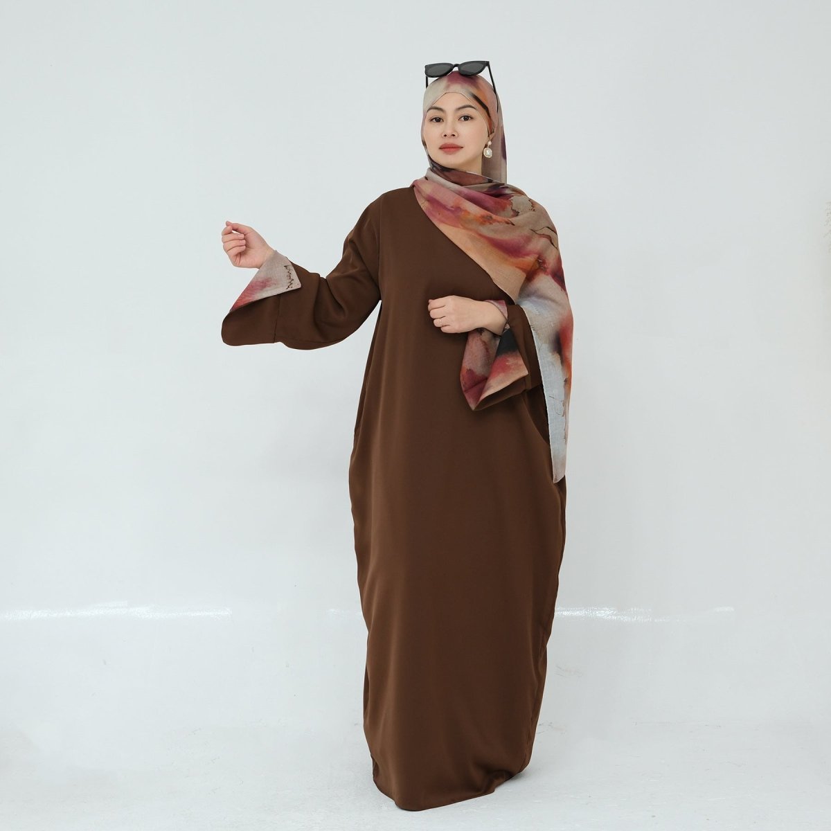 Printed Cuff Nida Abaya & Hijab Set | Relaxed Pocket Maxi Dress(MA360) - Mariam's Collection