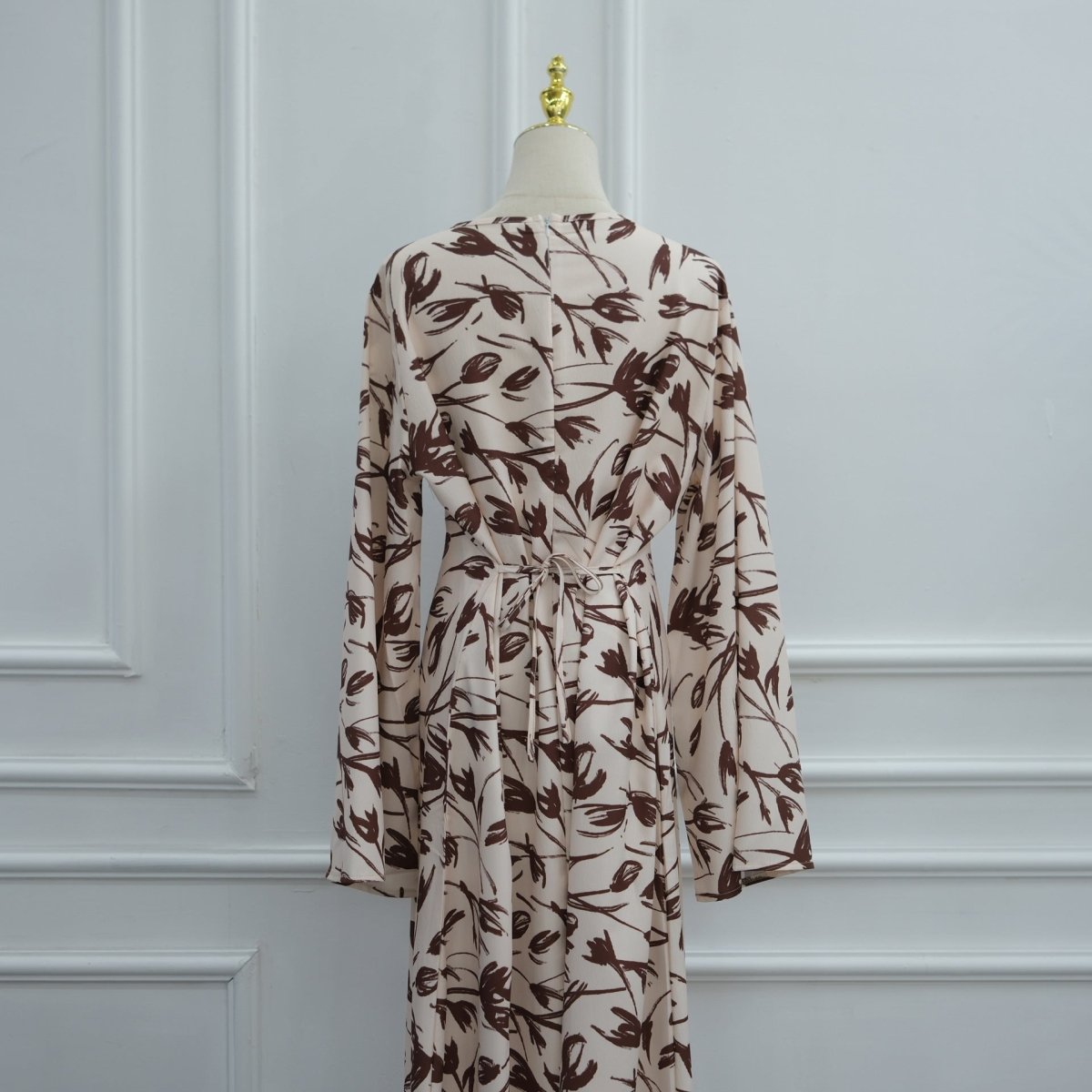 Printed Washed-Crinkle Bell Sleeve Maxi Dress(MS474) - Mariam's Collection