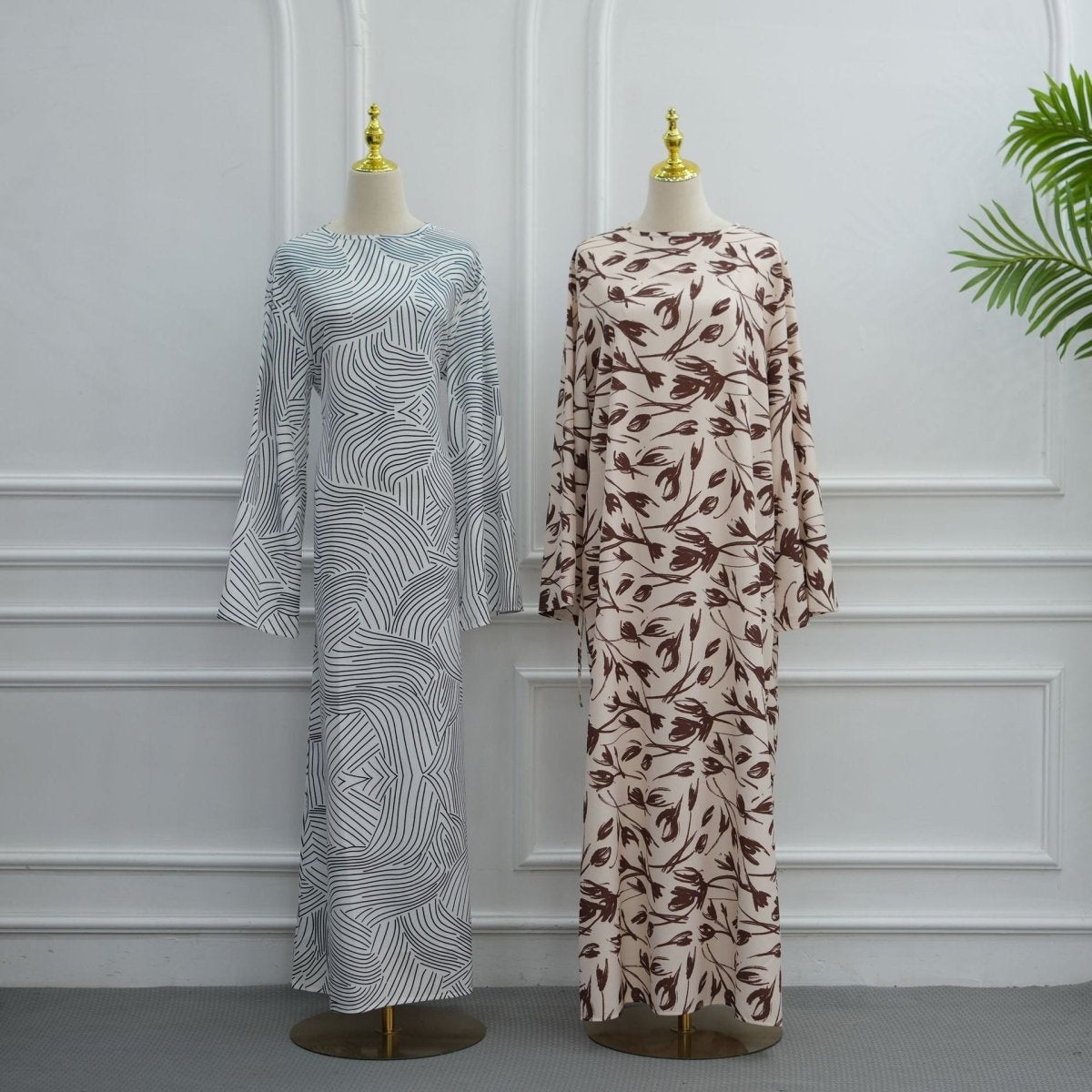 Printed Washed-Crinkle Bell Sleeve Maxi Dress(MS474) - Mariam's Collection