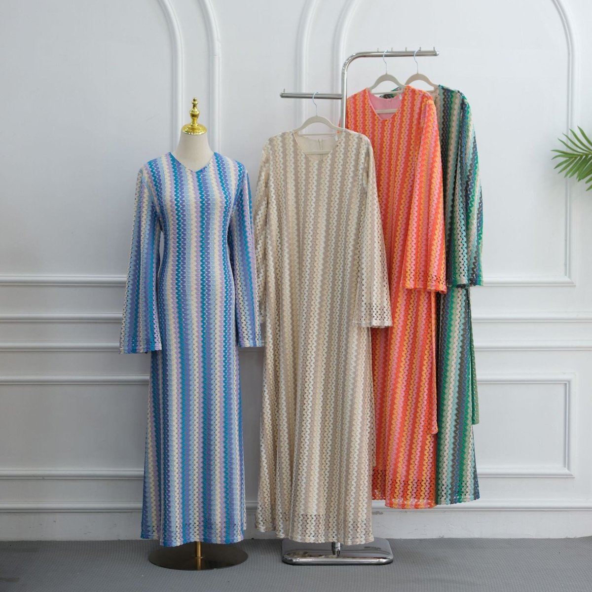 Rainbow Jacquard Flared-Sleeve Maxi Dress(MS486) - Mariam's Collection