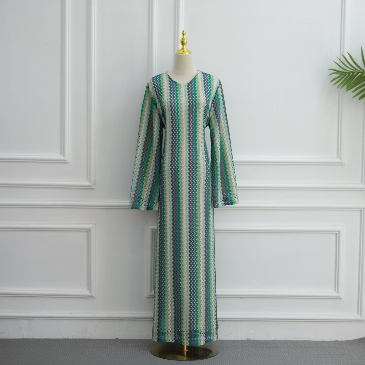 Rainbow Jacquard Flared-Sleeve Maxi Dress(MS486) - Mariam's Collection