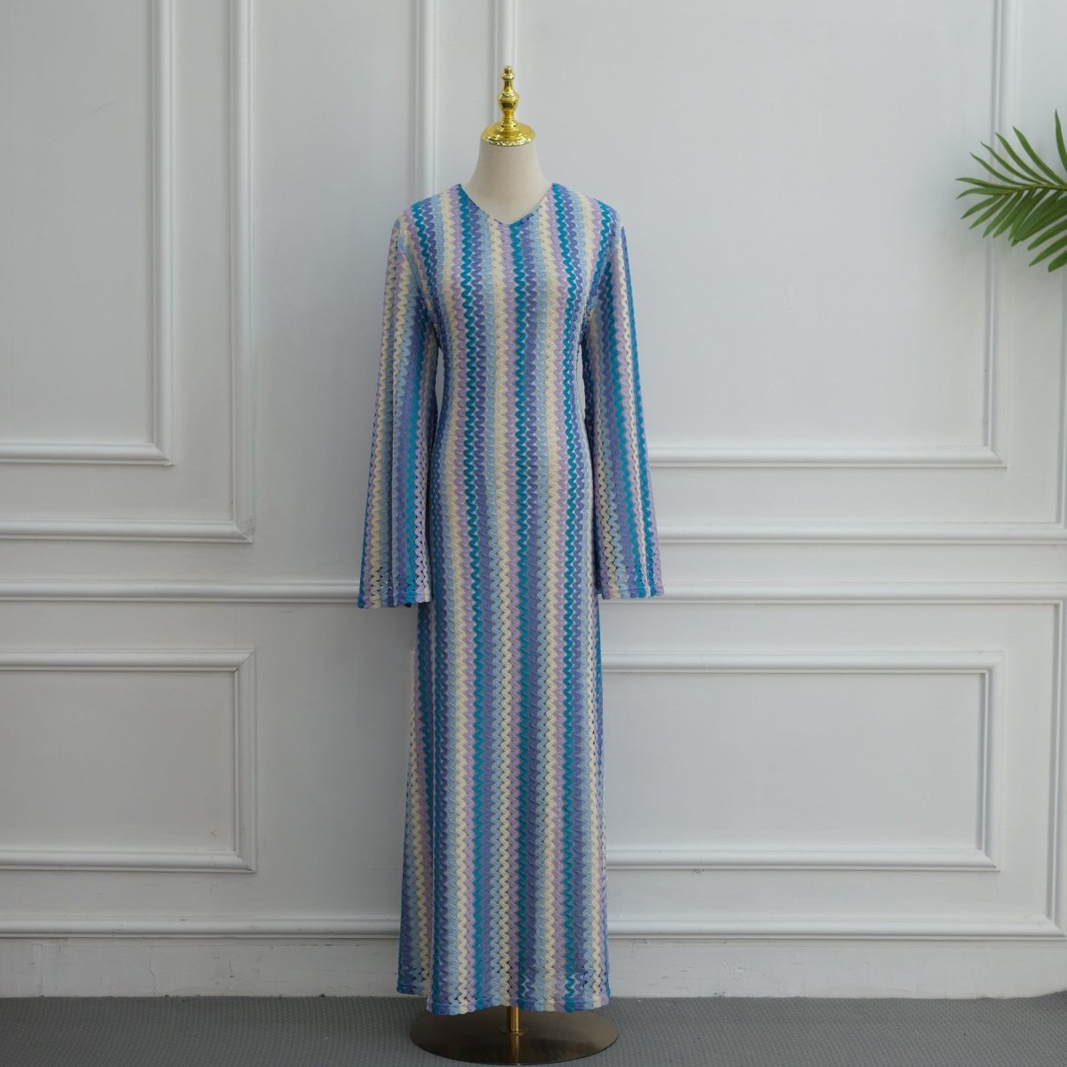 Rainbow Jacquard Flared-Sleeve Maxi Dress(MS486) - Mariam's Collection