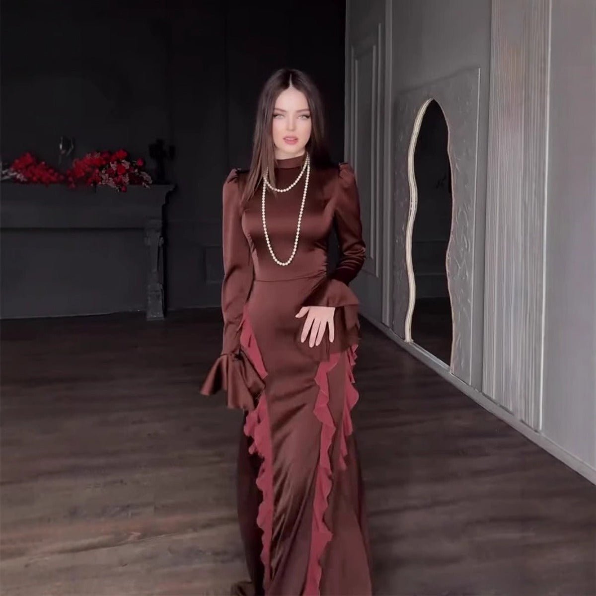 Regal Satin Court Dress Semi - Turtleneck Chiffon Lace - Up Maxi with Bell Sleeves & Tiered Ruffles. (MA235) - Mariam's Collection