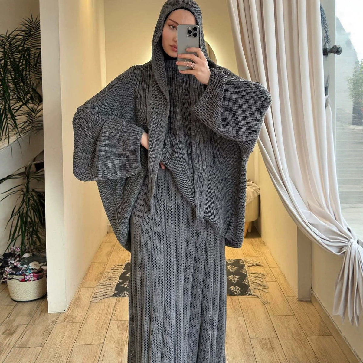 Triangular knit scarf styled as a headscarf with the coordinating maxi skirt set