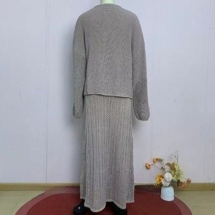 Full-length back view of the three-piece modest knit set in neutral khaki