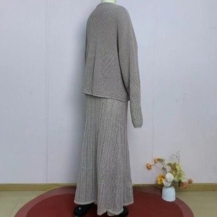Triangle scarf draped as a soft hood-style hat over the khaki knit set