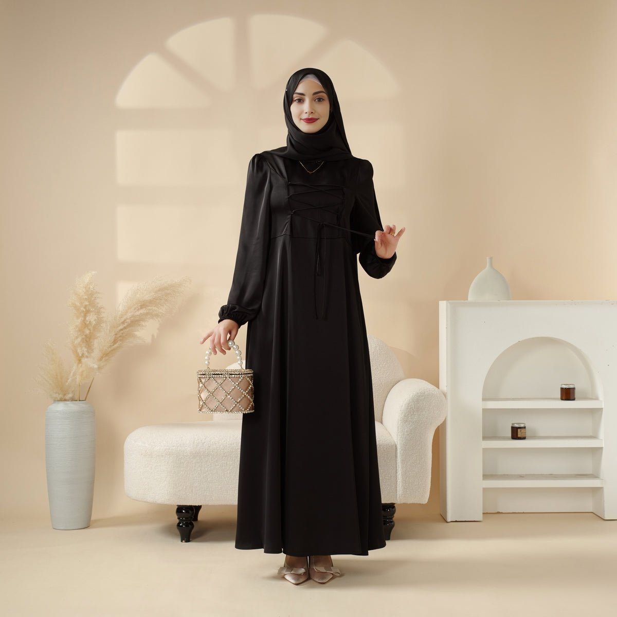 Removable Cross - Front Straps Design Premium Satin Dress Abaya (MA133) - Mariam's Collection