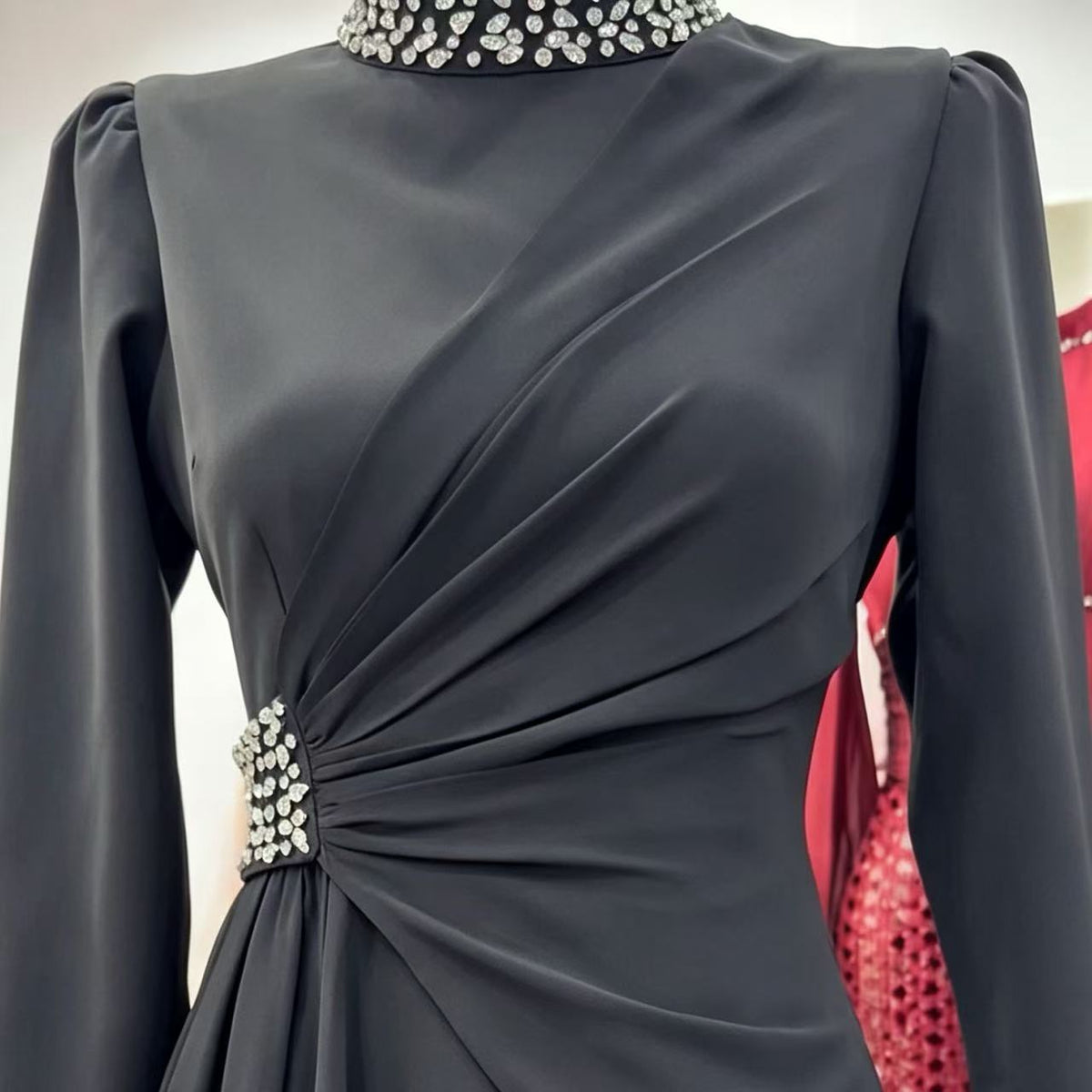 Rhinestone High-Neck Evening Maxi Dress | Ruched-Waist Long-Sleeve Gown(MS567) - Mariam's Collection