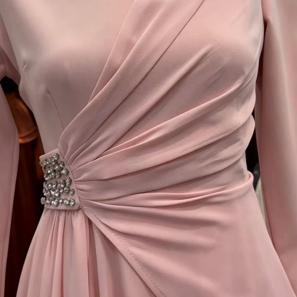 Rhinestone High-Neck Evening Maxi Dress | Ruched-Waist Long-Sleeve Gown(MS567) - Mariam's Collection