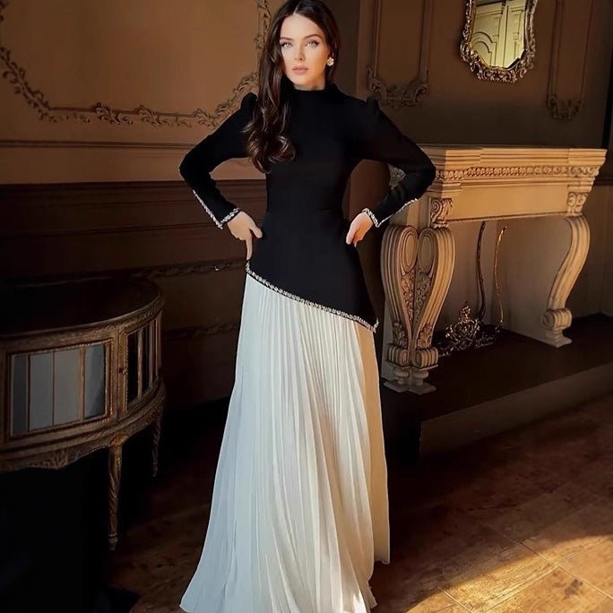 Rhinestone - Trimmed Top & Pleated Skirt Set(MS317) - Mariam's Collection