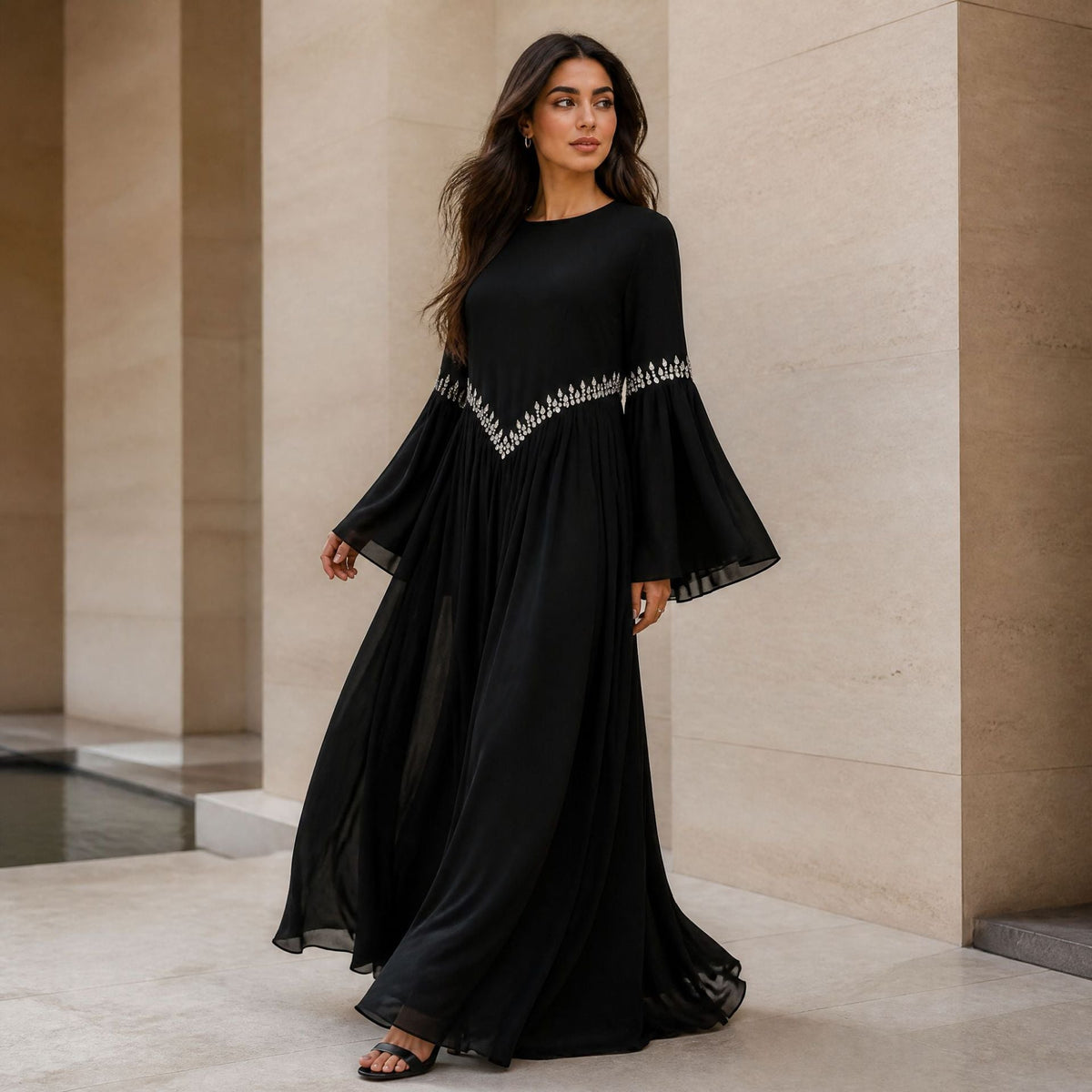 Rhinestone Waist & Cuff Flared Sleeve Maxi Dress(MS513) - Mariam's Collection