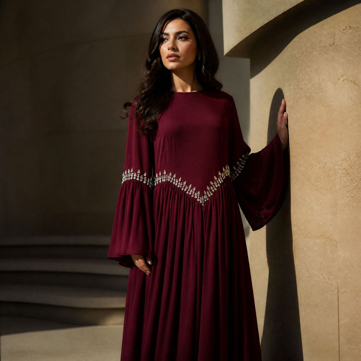 Rhinestone Waist & Cuff Flared Sleeve Maxi Dress(MS513) - Mariam's Collection